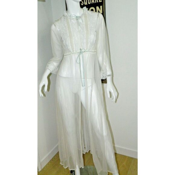 Miss Elaine Robe White Sheer‎ Blue Drawstring  Lace  Neck Ruffle Peignoir Small - Picture 2 of 13